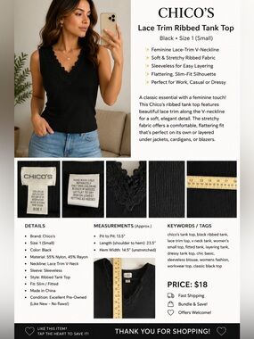 Chico's Black Ribbed V-Neck Tank with Floral Lace Trim